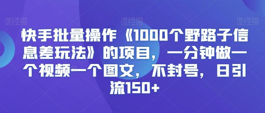 快手批量操作《1000个野路子信息差玩法》的项目，一分钟做一个视频一个图文，不封号，日引流150+【揭秘】-点子口袋网