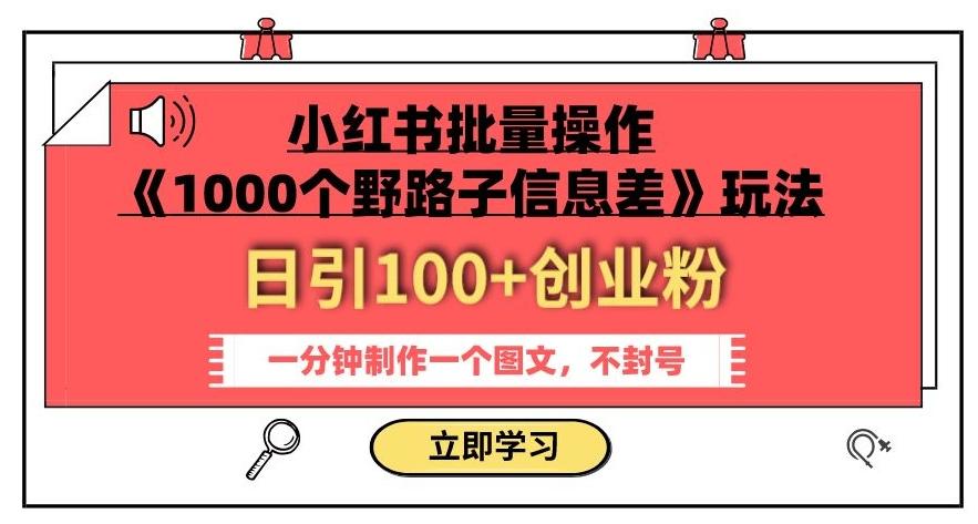 小红书批量操作《1000个野路子信息差》玩法，一分钟制作一个图文，不封号，日引100+创业粉-点子口袋网