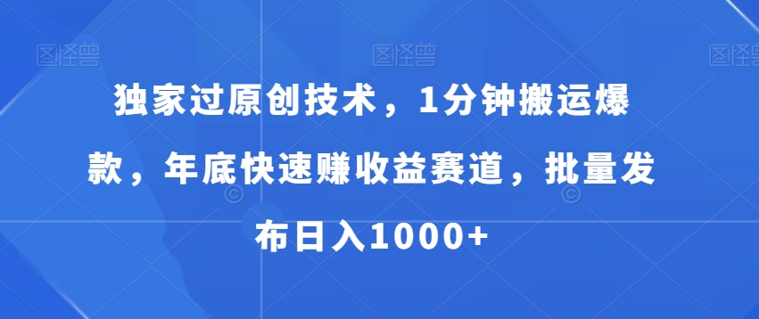 独家过原创技术，1分钟搬运爆款，年底快速赚收益赛道，批量发布日入1000+【揭秘】-点子口袋网