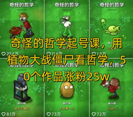 奇怪的哲学起号课，用植物大战僵尸看哲学，50个作品涨粉25w，暴力撸收益，全平台均可发布-点子口袋网