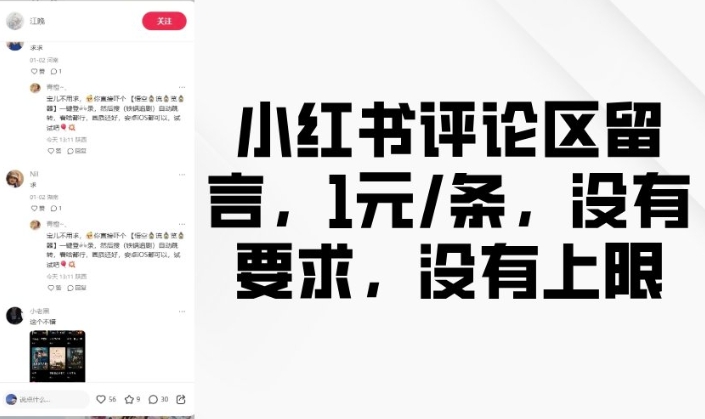 小红书评论区留言，1元条，没有要求，没有上限-点子口袋网