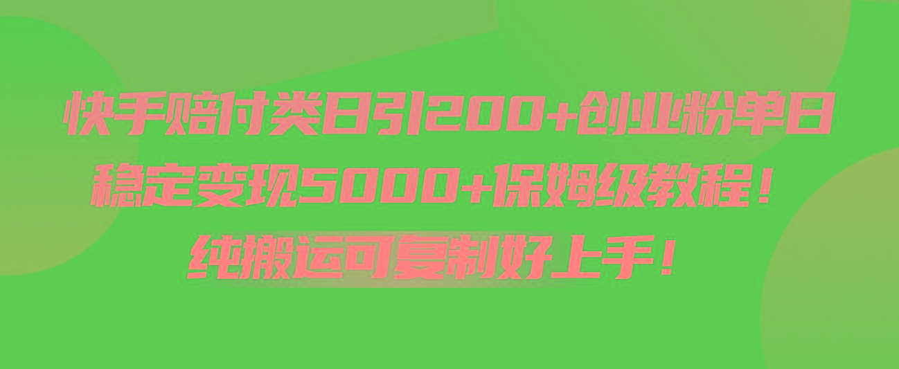 快手赔付类日引200+创业粉，单日稳定变现5000+保姆级教程！纯搬运可复制好上手！-点子口袋网