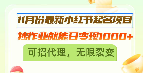 11月份最新小红书起名项目，抄作业就能日变现1000+，可招代理，无限裂变-点子口袋网