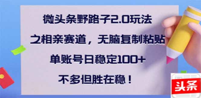 微头条野路子2.0玩法之相亲赛道，无脑搬砖复制粘贴，单账号日稳定300+...-点子口袋网