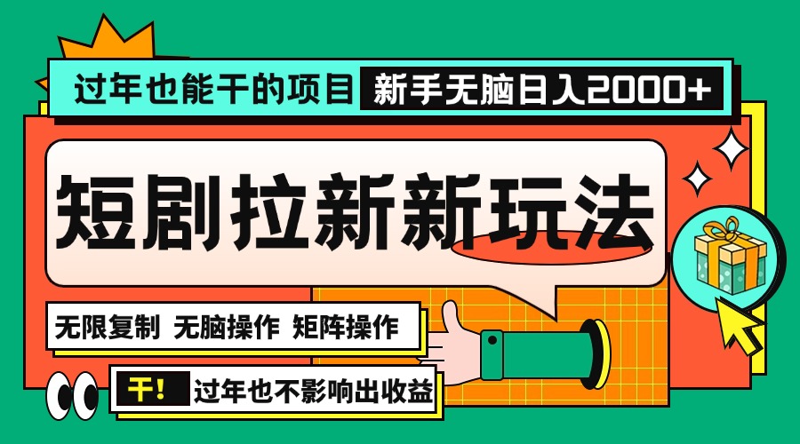 过年也能干的项目，2024年底最新短剧拉新新玩法，批量无脑操作日入2000+！-点子口袋网