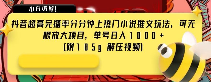 抖音超高完播率分分钟上热门小说推文玩法，可无限放大项目，单号日入1000+(附785g解压视频)【揭秘】-点子口袋网