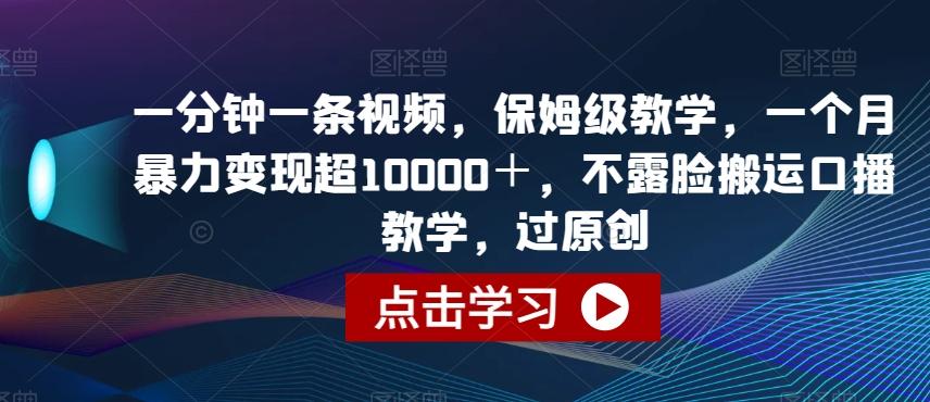 一分钟一条视频，保姆级教学，一个月暴力变现超10000＋，不露脸搬运口播教学，过原创-点子口袋网