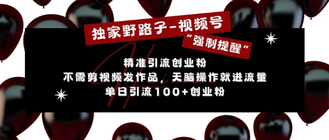 独家野路子利用视频号“强制提醒”，不需剪视频发作品，无脑操作就进流量，单日引流100+创业粉-点子口袋网