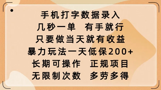 手机打字数据录入，几秒一单，有手就行，只要做当天就有收益，暴力玩法一天低保2张-点子口袋网