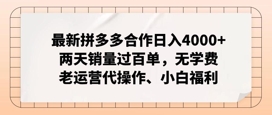 最新拼多多合作日入4000+两天销量过百单，无学费、老运营代操作、小白福利-点子口袋网