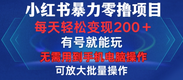 小红书暴力零撸项目，有号就能玩，单号每天变现1到15元，可放大批量操作，无需手机电脑操作【揭秘】-点子口袋网