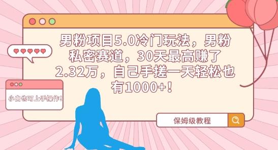 男粉项目5.0冷门玩法，男粉私密赛道，30天最高赚了2.32万，自己手搓一天轻松也有1000+【揭秘】-点子口袋网